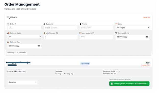 goCleanX Order View Interface